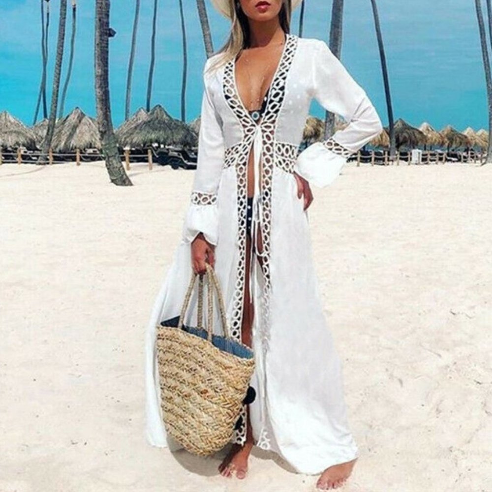 bohowhite crochet/lace detailed tie front kimono coverup - Picture 2 of 14